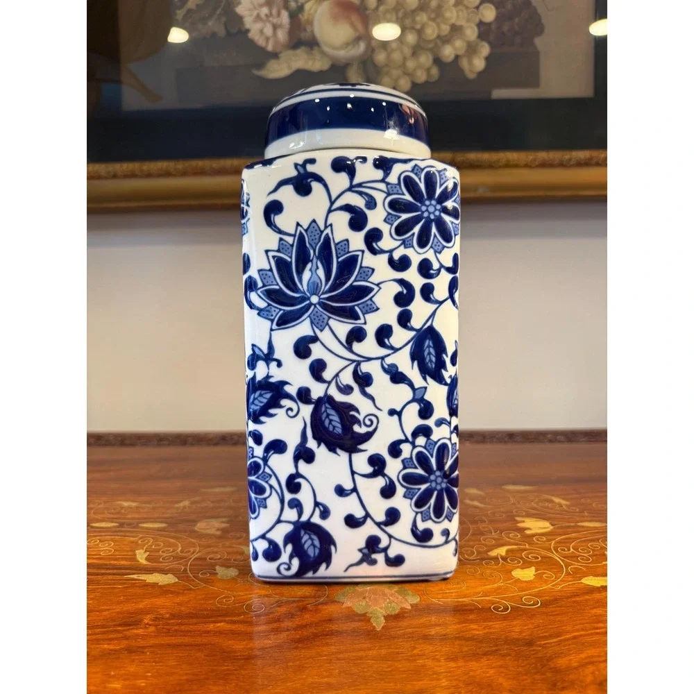 Vintage Bombay Blue & White Porcelain Ginger Jar • Lotus Floral Lidded Jar
